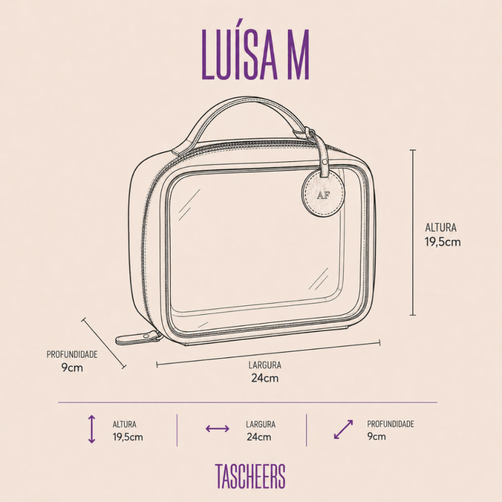 Necessaire organizadora feminina de couro legítimo Luísa Média By Tascheers com fechamento em zíper e acabamento artesanal premium.