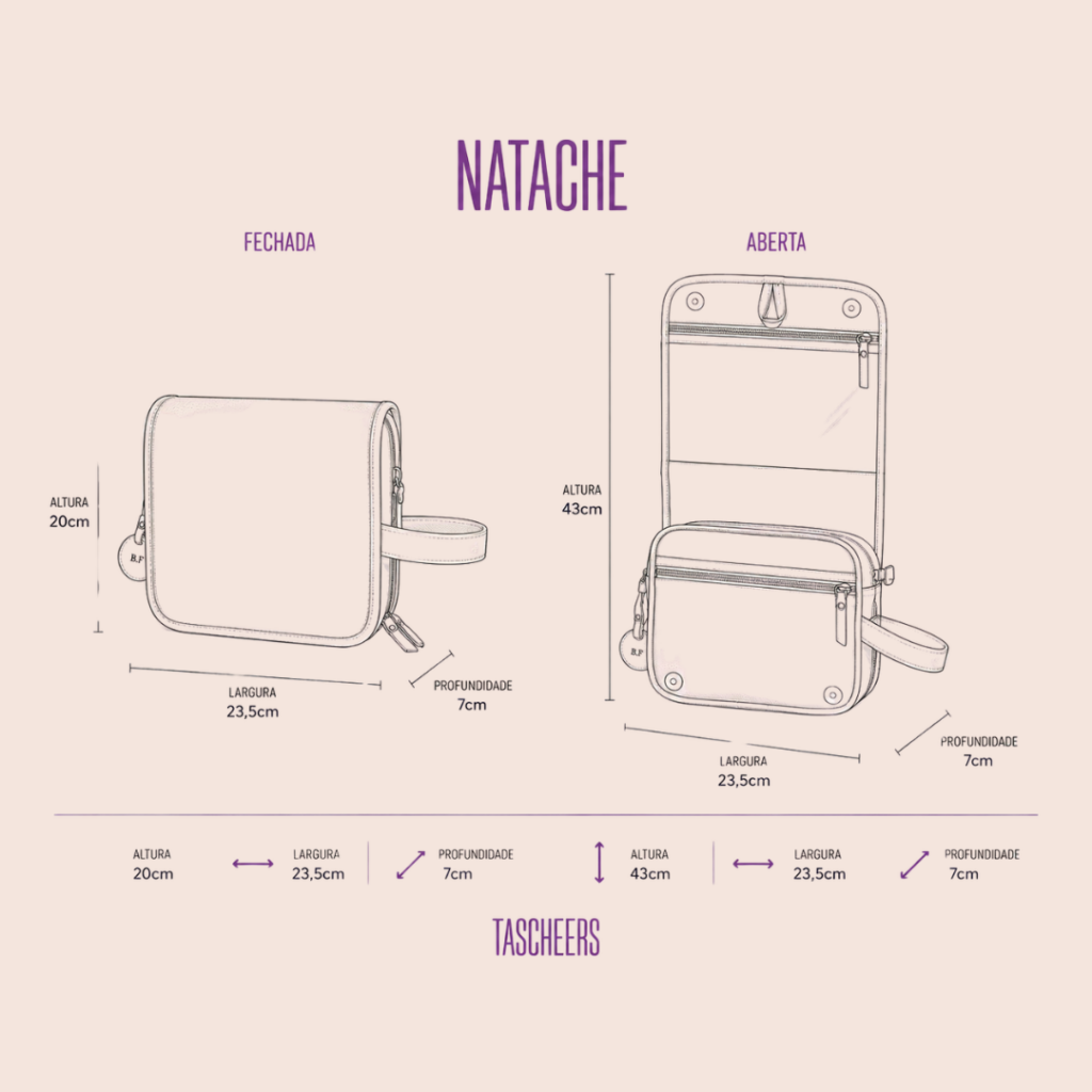 Necessaire de couro legítimo Natache By Tascheers com fechamento em zíper metálico e acabamento artesanal premium.