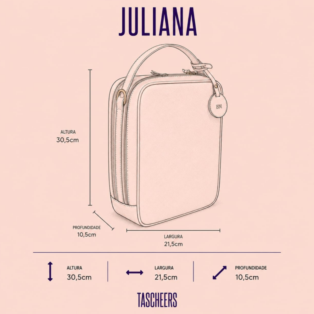Bolsa feminina de couro legítimo Juliana By Tascheers com design estruturado, alças de mão reforçadas e acabamento artesanal de alto padrão.