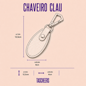 Chaveiro unissex de couro legítimo Clau By Tascheers na cor única com mosquetão, argola metálica dourada e iniciais personalizadas em Hot Stamping.