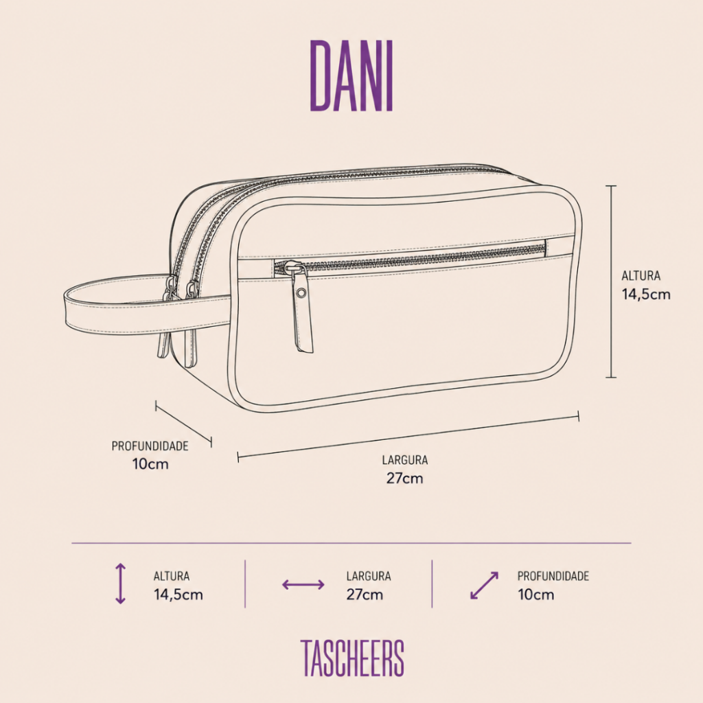 Necessaire de couro legítimo Dani By Tascheers com fechamento em zíper metálico superior, formato estruturado e acabamento artesanal premium.