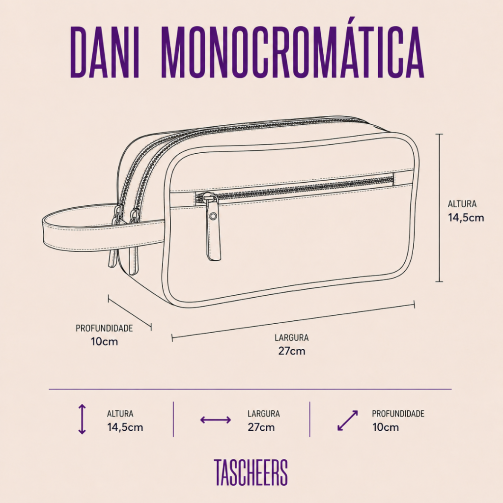 Necessaire de couro legítimo Dani Monocromática By Tascheers com acabamento unificado em uma só cor, fechamento em zíper e formato compacto estruturado.