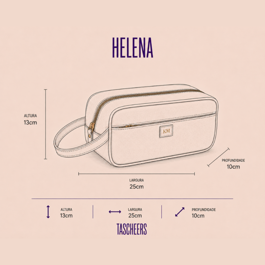 Necessaire de couro legítimo Helena By Tascheers com fechamento em zíper metálico superior, silhueta estruturada e acabamento artesanal premium.