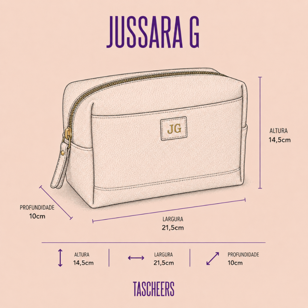 Necessaire de couro legítimo Jussara Grande By Tascheers com amplo espaço interno, formato estruturado maxi, fechamento em zíper e acabamento artesanal de alto padrão.