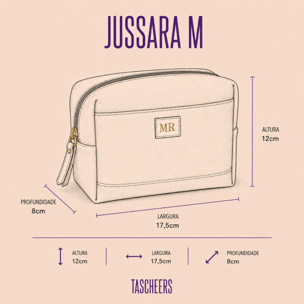 Necessaire de couro legítimo Jussara Média By Tascheers com tamanho intermediário, formato estruturado, fechamento em zíper e acabamento artesanal premium.