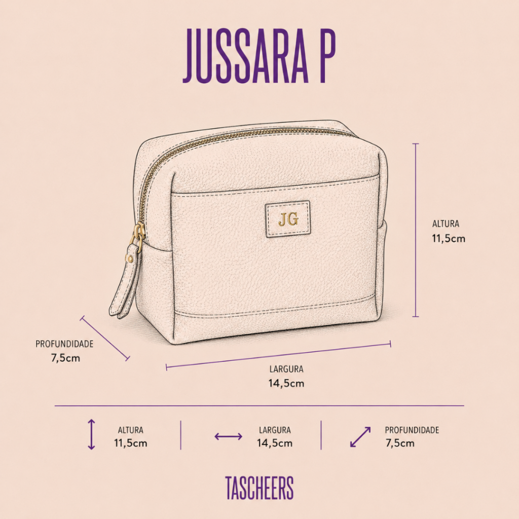 Necessaire de couro legítimo Jussara Pequena By Tascheers com formato compacto estruturado, fechamento em zíper metálico e acabamento artesanal premium.