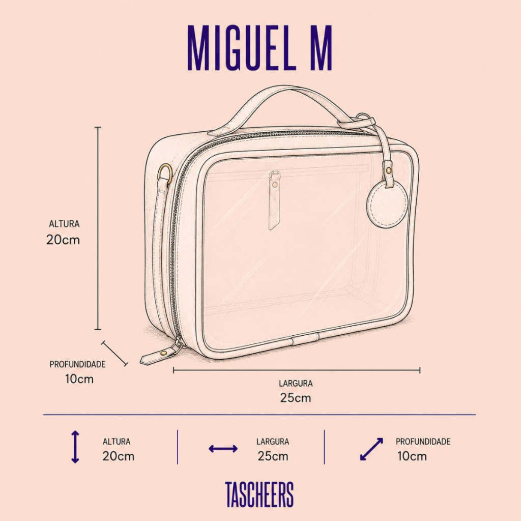 Necessaire de couro legítimo Miguel Média By Tascheers com formato retangular estruturado, fechamento em zíper metálico e acabamento artesanal de alto padrão.