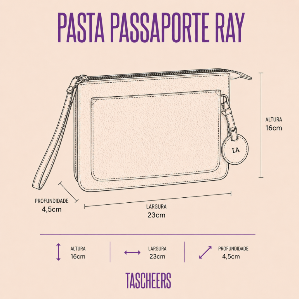 Pasta para passaporte e documentos de couro legítimo Ray By Tascheers com formato slim, aberturas organizadoras e acabamento artesanal premium.