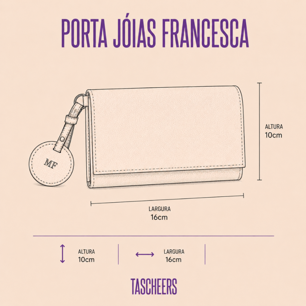 Porta joias de couro legítimo Francesca By Tascheers com formato estruturado, divisórias internas aveludadas, fechamento seguro e acabamento artesanal premium.