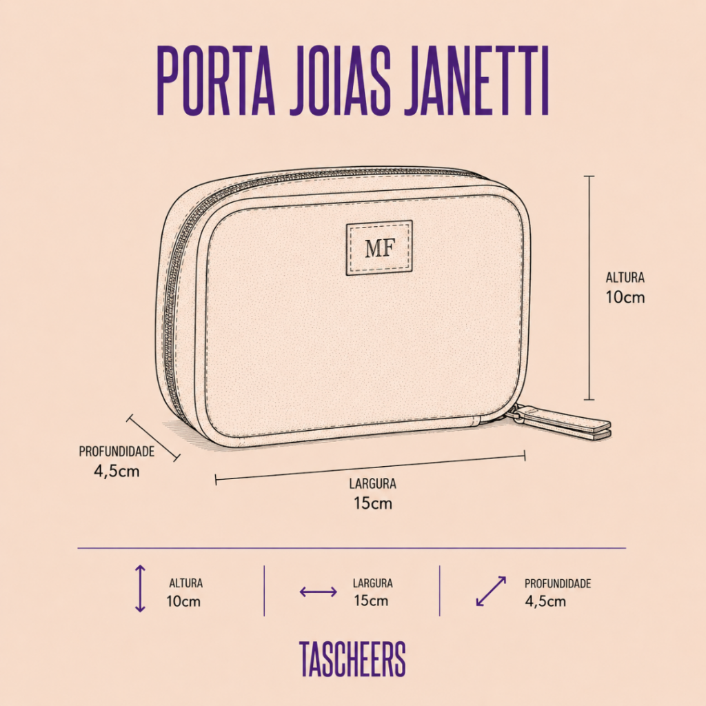 Porta joias de couro legítimo Janetti By Tascheers com estrutura rígida, fechamento seguro em zíper, divisórias internas aveludadas e acabamento artesanal de alto padrão.