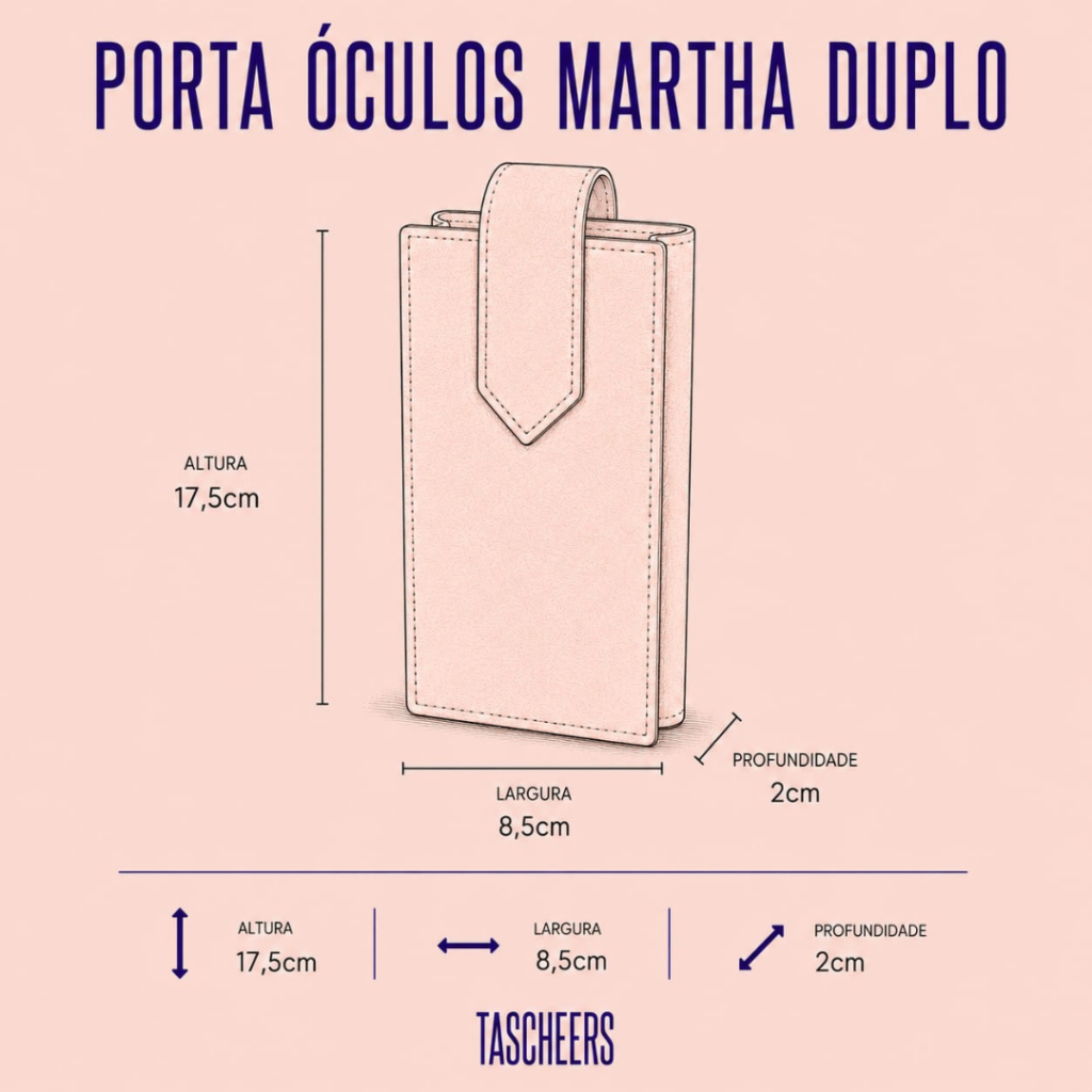 Porta óculos duplo de couro legítimo Martha Duplo By Tascheers com dois compartimentos independentes, fechamento seguro e acabamento artesanal premium.