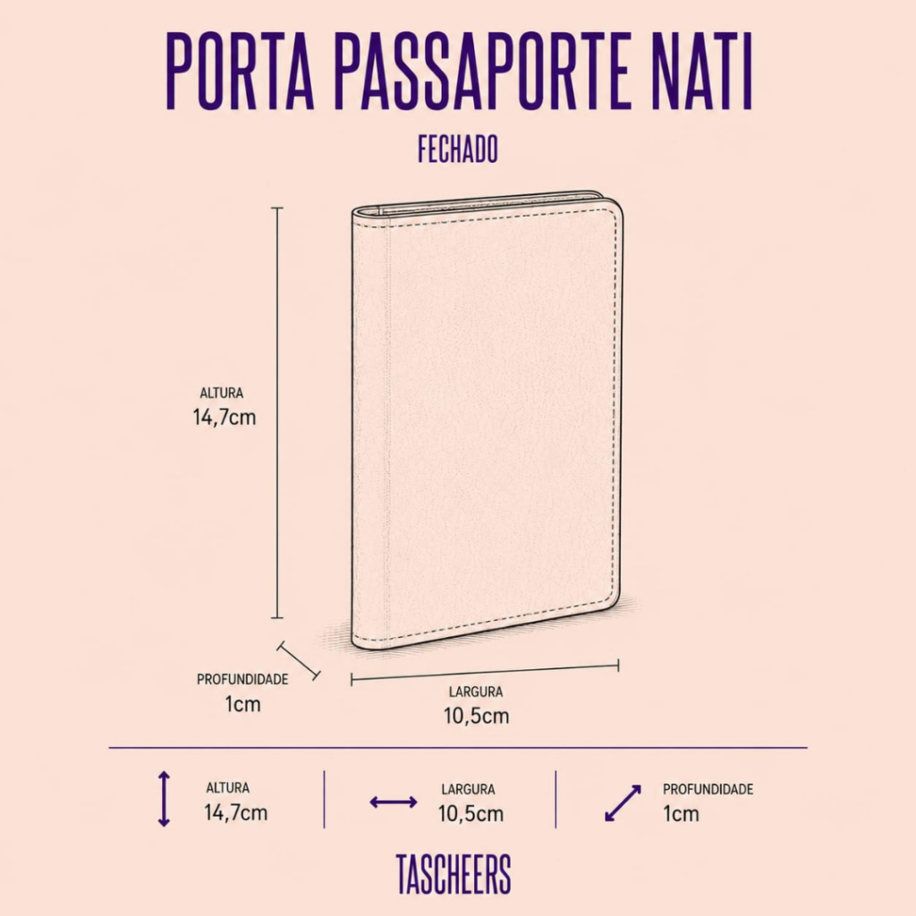 Porta passaporte de couro legítimo Nati By Tascheers com formato de caderneta slim, aberturas organizadoras internas e acabamento artesanal premium.