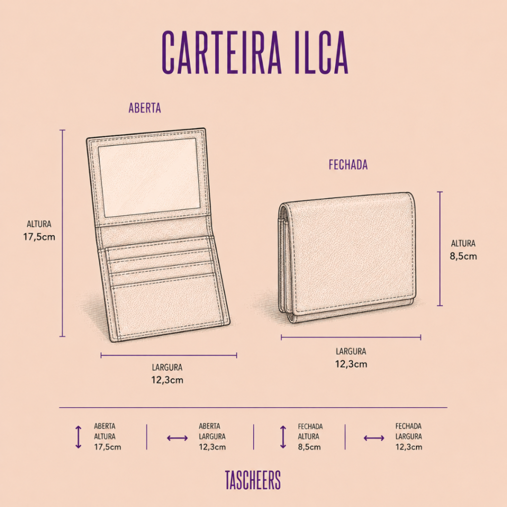 Carteira de couro legítimo unissex Ilca By Tascheers modelo super slim sem fechamento com visor interno transparente em plástico cristal, divisórias para cartões e bolso externo.