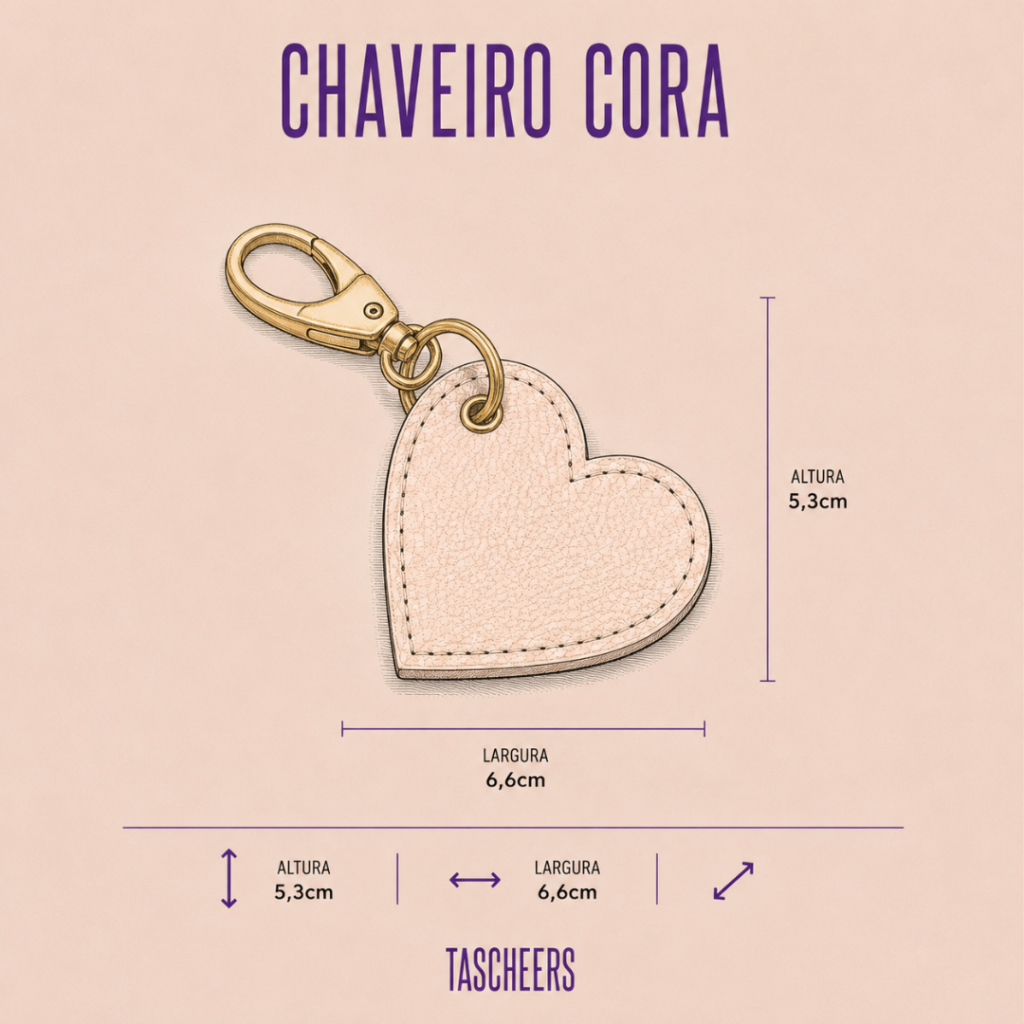Chaveiro de couro legítimo unissex Cora By Tascheers delicado com mosquetão, argola para chaves em ferragem dourada e iniciais gravadas em Hot Stamping.