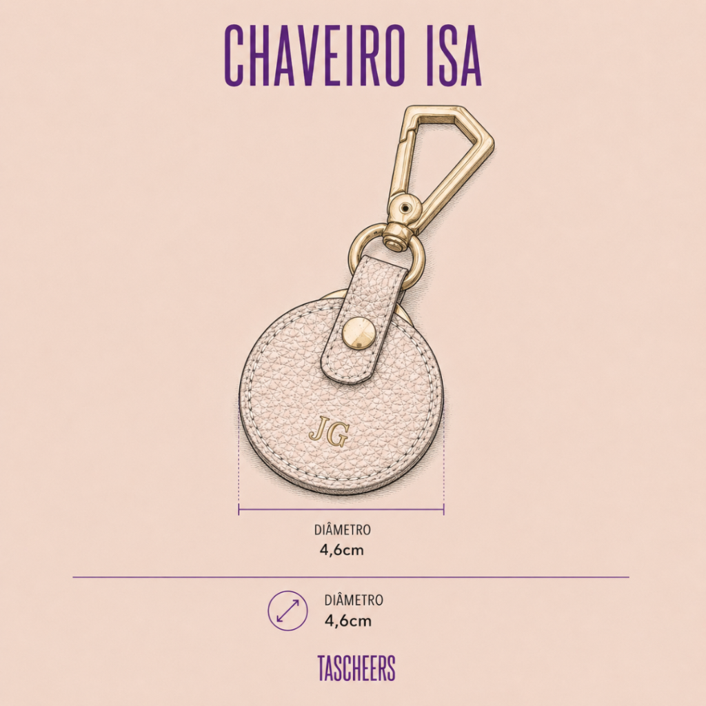 Chaveiro de couro legítimo unissex Isa By Tascheers circular delicado com mosquetão, argola para chaves em ferragem dourada e iniciais gravadas em Hot Stamping.