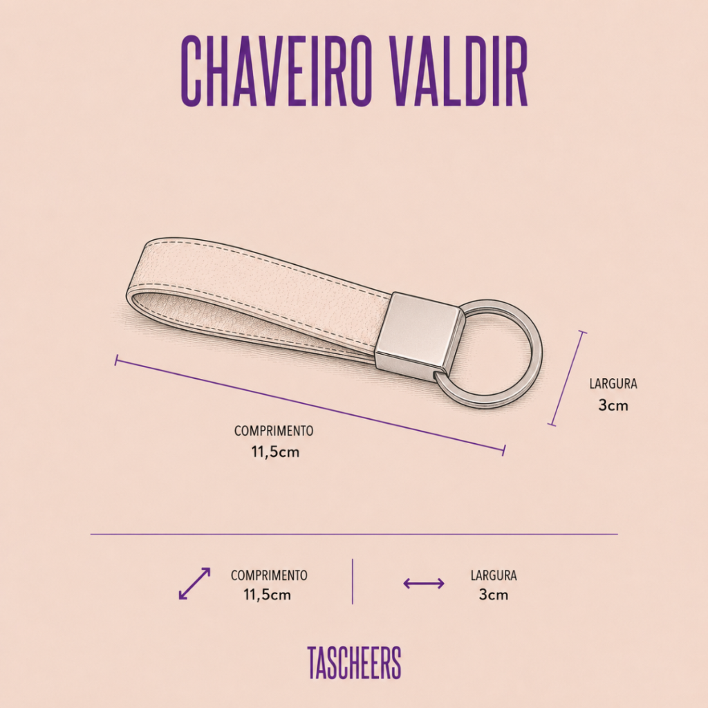 Chaveiro de couro legítimo unissex Valdir By Tascheers estilo clássico alongado com alça metálica em banho prata e iniciais gravadas em Hot Stamping.