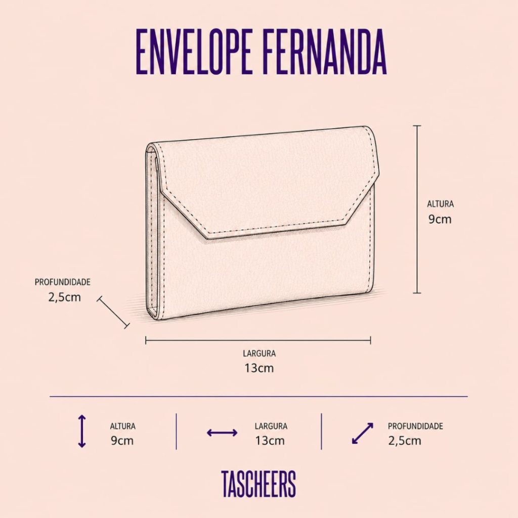 Bolsa envelope de couro legítimo Fernanda By Tascheers com fechamento em aba, design slim e acabamento artesanal premium.
