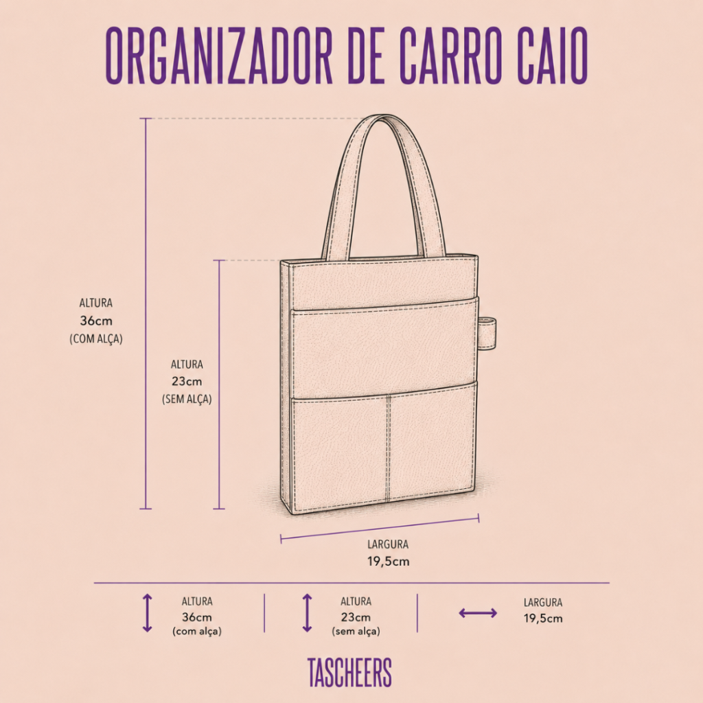 Organizador de carro unissex Caio By Tascheers em couro legítimo com alça de mão, 4 compartimentos e iniciais em Hot Stamping.
