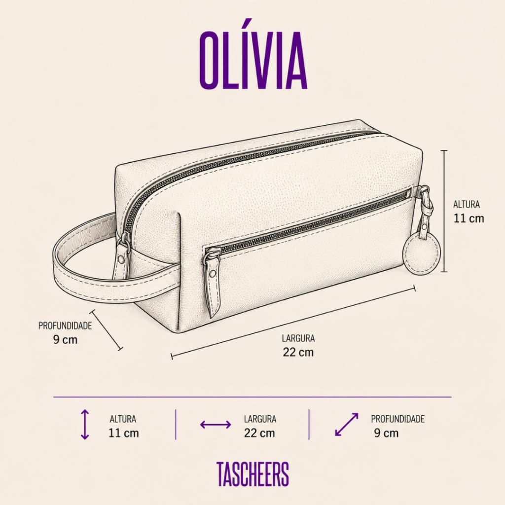 Necessaire de couro legítimo feminina e unissex Olívia By Tascheers com alça de mão, bolso frontal com zíper, forro impermeável e tag redonda personalizada em Hot Stamping.